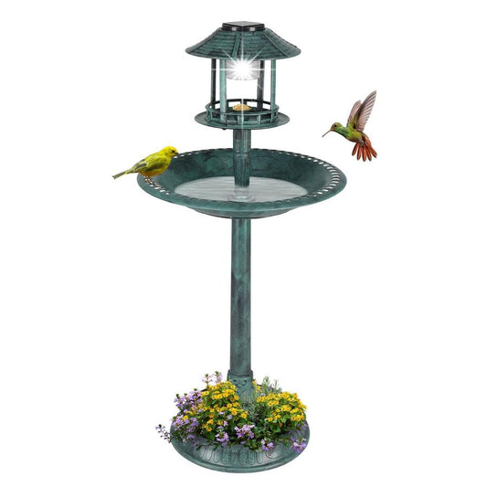 JMT-008010 Dark Green Plastic Round Bird Bath with Solar Light and Durable Design
