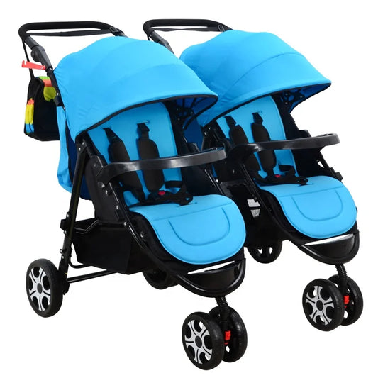 JMT-016010 Twin Baby Stroller in Pink and Blue with Removable Sun Canopy and Multi-Position Recline