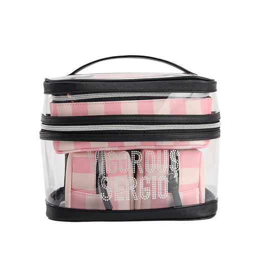 JMT-022026 Multifunctional Folding Makeup Kit in Pink Floral Design with Waterproof Synthetic Leather