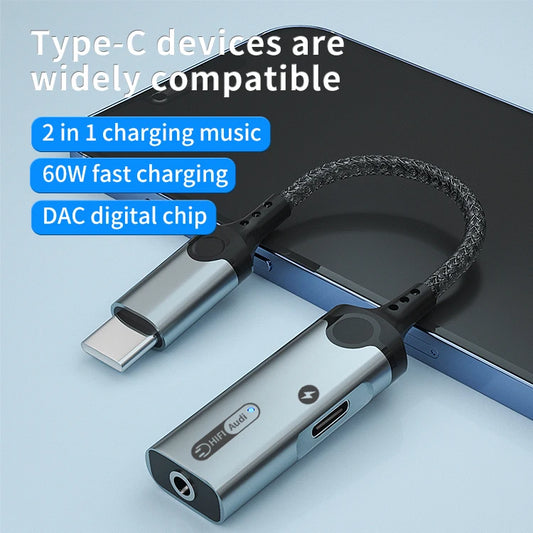 JMT-022154 Type C to 3.5mm Headphone Jack and PD 60W Charging Adapter for iPhone 15 - HiFi Digital Audio Aux Splitter