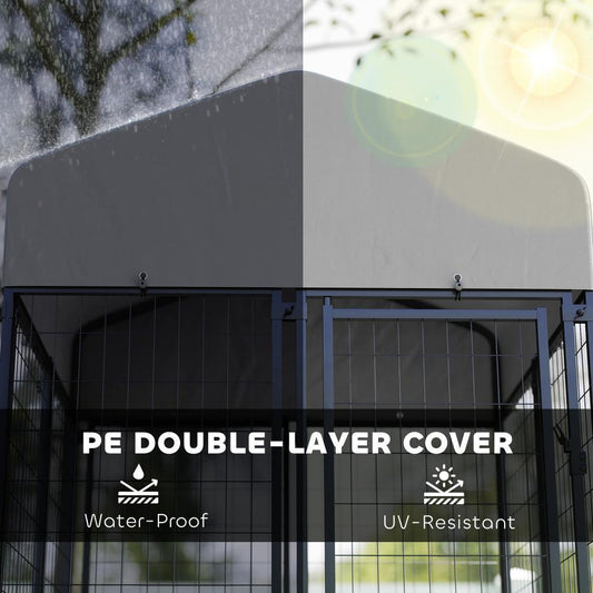 JMT-022666 Outdoor Welded Wire Dog Kennel with Rotating Bowl Holder and Adjustable Heights, Waterproof Cover, 3.9 x 3.9 x 6 ft