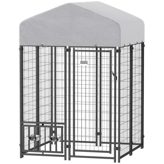 JMT-022666 Outdoor Welded Wire Dog Kennel with Rotating Bowl Holder and Adjustable Heights, Waterproof Cover, 3.9 x 3.9 x 6 ft