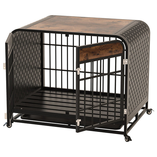 JMT-039626 Heavy Duty Wooden Dog Crate Table with Lockable Wheels and Removable Tray - 33 Inch Brown