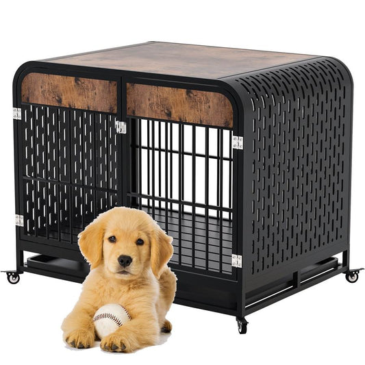 JMT-039626 Heavy Duty Wooden Dog Crate Table with Lockable Wheels and Removable Tray - 33 Inch Brown