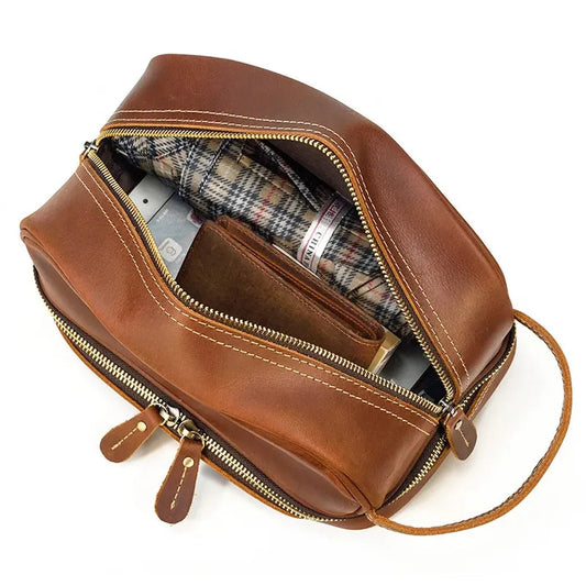 JMT-045258 Eco-Friendly Handmade Leather Travel Cosmetic Toiletry Bag with Zipper Closure