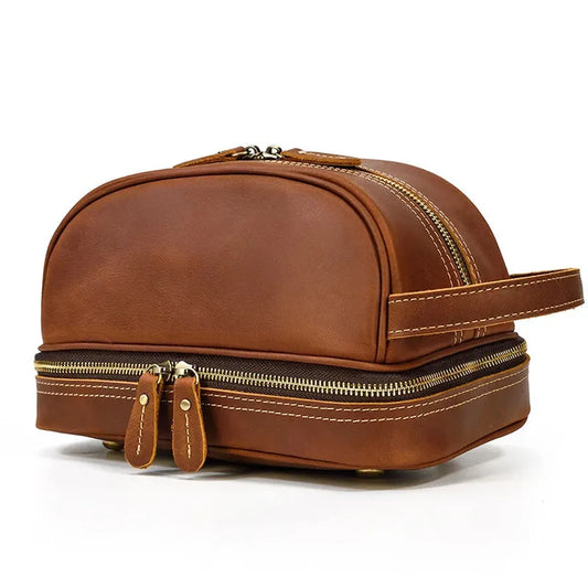 JMT-045258 Eco-Friendly Handmade Leather Travel Cosmetic Toiletry Bag with Zipper Closure