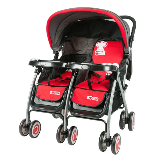 JMT-053450 Double Seat Twins Stroller - Side by Side Baby Pram with Adjustable Canopy and Safety Features