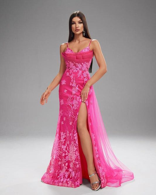 JMT-055498 Rose Pink Women's Evening Gown with Elegant Design and Flowing Silhouette