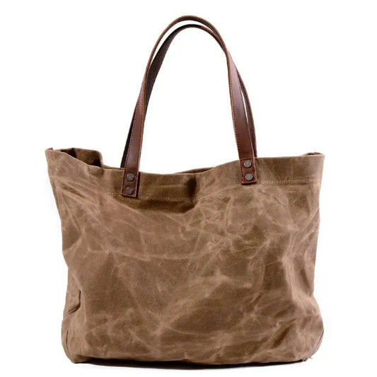 JMT-068618 Waterproof Oil Wax Canvas Shoulder Tote Bag with Cowhide Trimmings, Large Capacity