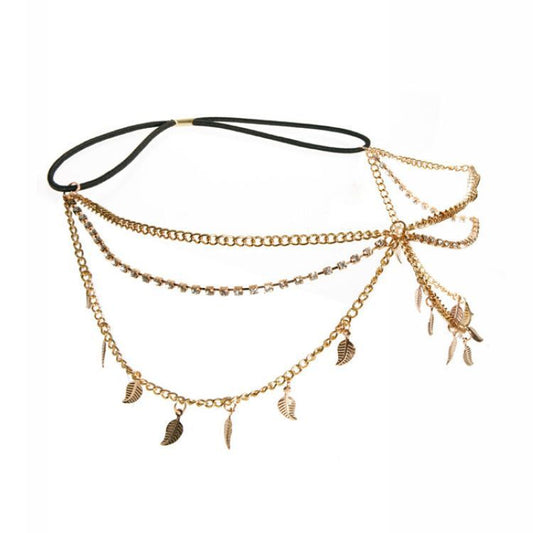 JMT-078666 Multi-Layered Tassel Headband with Diamond-Studded Leaf Design in Gold