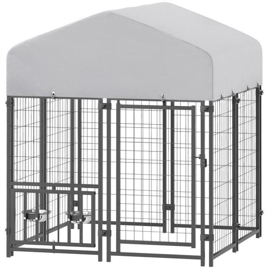 JMT-088202 Welded Wire Outdoor Dog Kennel with Adjustable Bowl Racks and Waterproof Cover, 47.2" X 47.2" X 54.3"