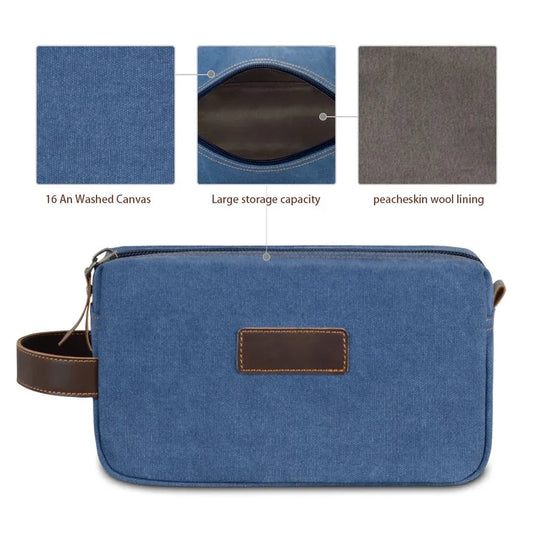JMT-094986 Waterproof Canvas Toiletry Bag with Leather Accents for Travel and Storage