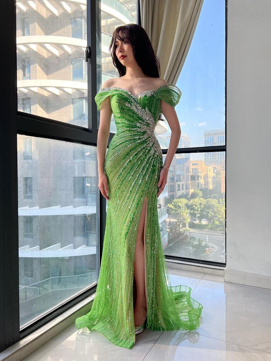 JMT-153802 Elegant Green Evening Gown for Ladies - Style SH0221
