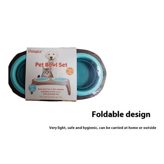 JMT-158346 Folding Double Dog Bowl Feeder - Blue & Pink TPR and PP Pet Tableware