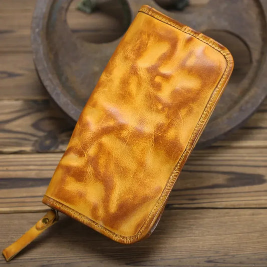 JMT-184714 Genuine Leather Long Wallet with Zipper Closure, Handmade, Retro Style, Available in Multiple Colours