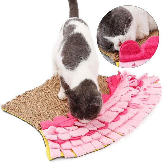 JMT-262538 Natural Jute & Polar Fleece Sniff Food Mat for Cats - Interactive Bite Toy in Pink or Yellow