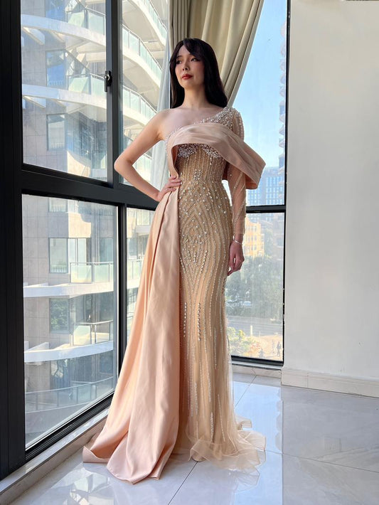 JMT-284874 Champagne Elegance Evening Gown with Stunning Detailing