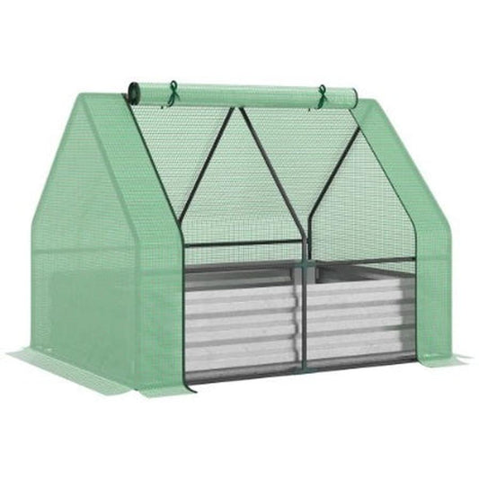 JMT-298314 Galvanized Raised Garden Bed with Mini Greenhouse Cover and Roll-Up Windows for Growing Plants, 50 x 37.5 x 36.25 Inches, Green