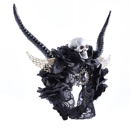JMT-322698 Dark Fantasy Headband with Horns, Skeletons, Wings, and Black Flowers for Halloween and Costume Parties