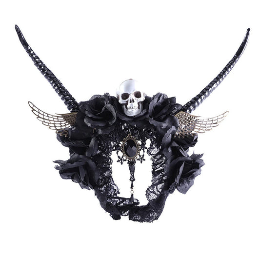 JMT-322698 Dark Fantasy Headband with Horns, Skeletons, Wings, and Black Flowers for Halloween and Costume Parties
