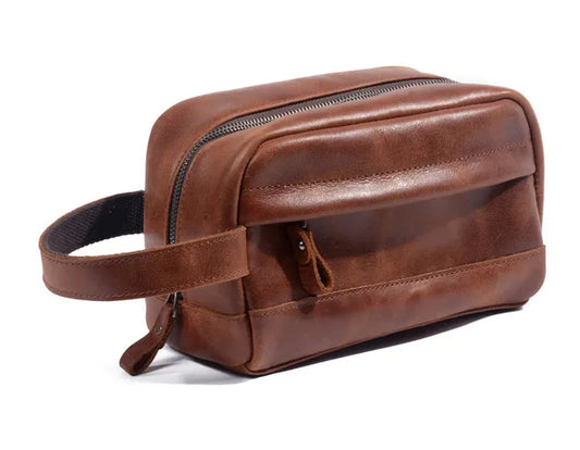 JMT-341322 Retro Cowhide Make-up Wash Bag - Portable Travel Storage Bag with Zipper Closure