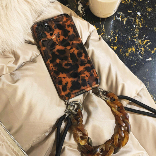 JMT-390538 Amber Leopard Diagonal Chain Phone Case Compatible with iPhone Models 7/8/SE 2020, 7Plus/8Plus, X/XS, XR, XSMax, 11, 11Pro, 11ProMax, 12Mini, 12, 12Pro, 12ProMax