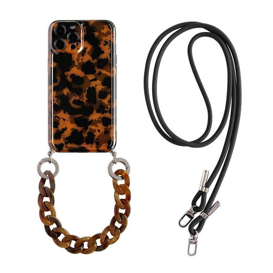 JMT-390538 Amber Leopard Diagonal Chain Phone Case Compatible with iPhone Models 7/8/SE 2020, 7Plus/8Plus, X/XS, XR, XSMax, 11, 11Pro, 11ProMax, 12Mini, 12, 12Pro, 12ProMax