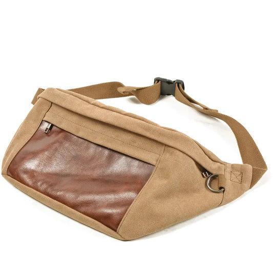 JMT-419210 Retro Canvas and Leather Belt Bag for Men - Large Capacity Outdoor Sports Chest Bag