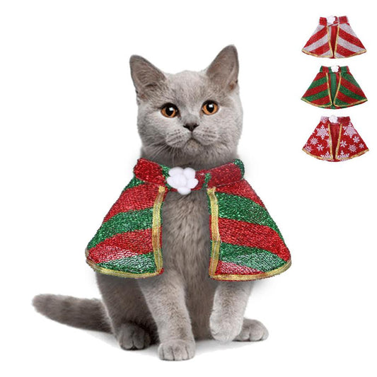 JMT-485770 Holiday Pet Cloak - Soft Cloth Christmas Costume in Red & Green Stripes or Red Snowflakes