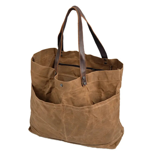 JMT-511562 Large Capacity Waxed Canvas Tote Bag with Genuine Leather Strap and Water-Resistant Design