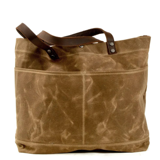 JMT-511562 Large Capacity Waxed Canvas Tote Bag with Genuine Leather Strap and Water-Resistant Design