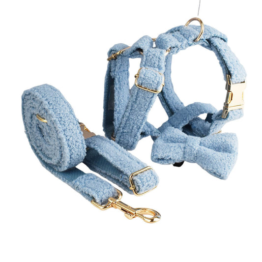 JMT-511882 Blue Teddy Bear Dog Collar and Leash Set with Bow and Vest - Four-Piece Pet Accessories for Gifts