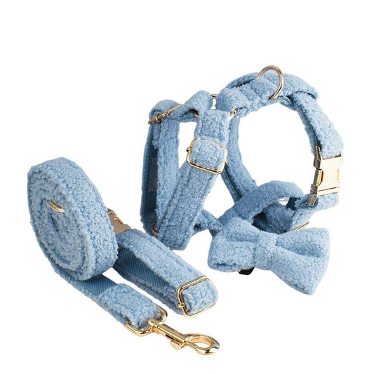 JMT-511882 Blue Teddy Bear Dog Collar and Leash Set with Bow and Vest - Four-Piece Pet Accessories for Gifts