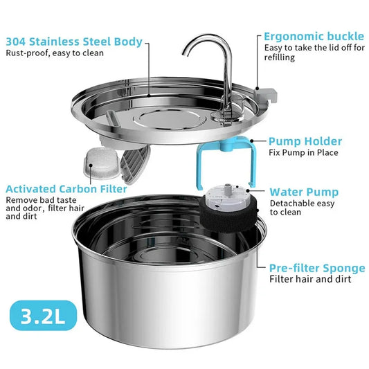 JMT-512394 Stainless Steel 3.2L Pet Water Fountain for Cats and Small Dogs