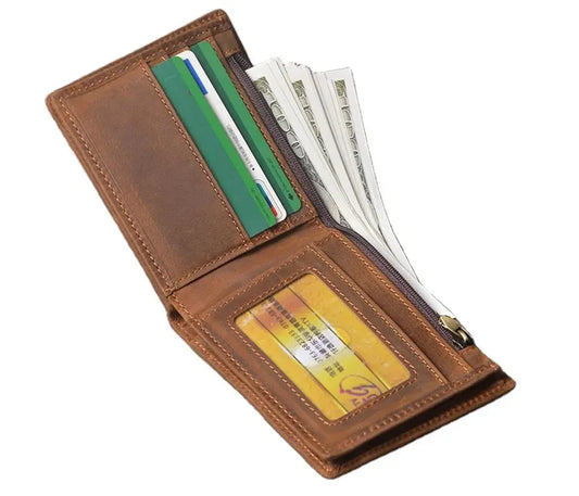 JMT-529354 Men's Cow Leather Zero Wallet - Multi-Card Short Wallet in Brown/Dark Brown, Genuine Leather with Retro Design