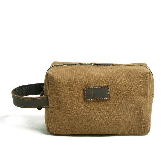 JMT-539082 Custom Logo Small Canvas Travel Hand Bag and Toiletry Bag, 21x9.5x14CM, Oil Wax Canvas and Super Fiber Leather
