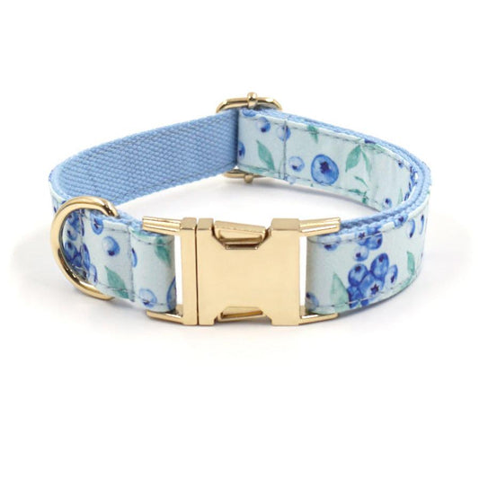 JMT-560778 Blueberry Print Adjustable Pet Collar with Gold Buckle – Available in Sizes XS to XL