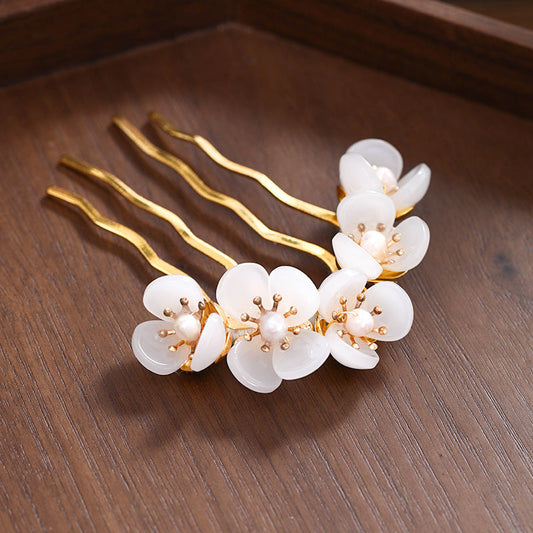 JMT-569034 Handmade Antique Jade Headdress Hairpin with Beaded Petals – Geometric Women's Accessory