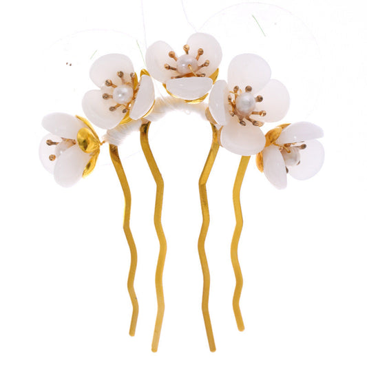 JMT-569034 Handmade Antique Jade Headdress Hairpin with Beaded Petals – Geometric Women's Accessory
