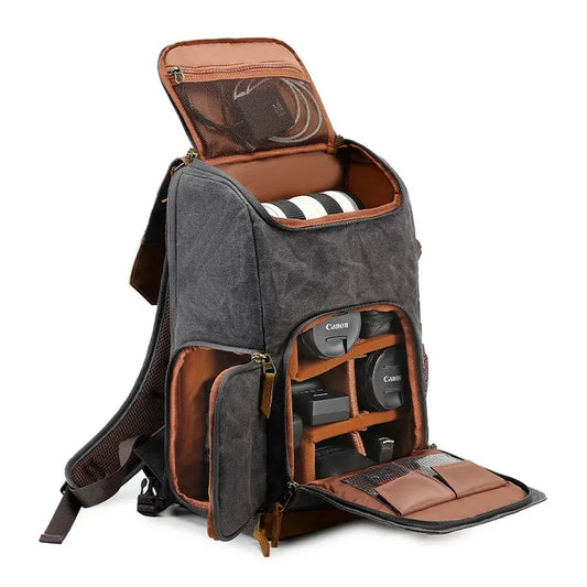 JMT-582538 Retro Waterproof Photography Backpack for Outdoor Travel and Laptop, Oil Wax Canvas Design