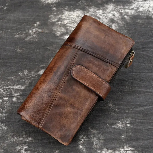 JMT-611850 Retro Leather Wallet with Multi-Card Slots and Snap Closure in Genuine Cowhide