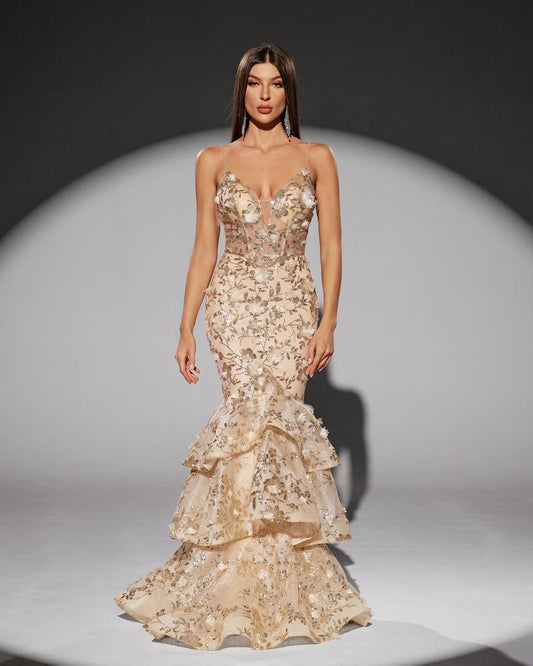 JMT-629514 Elegant Golden Evening Dress for Women - Model SH0217