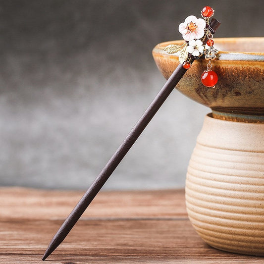 JMT-634570 Elegant Wood Tassel Hairpin with Gold-Plated Inlaid Gems and Exquisite Gift Box