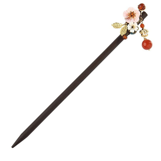 JMT-634570 Elegant Wood Tassel Hairpin with Gold-Plated Inlaid Gems and Exquisite Gift Box