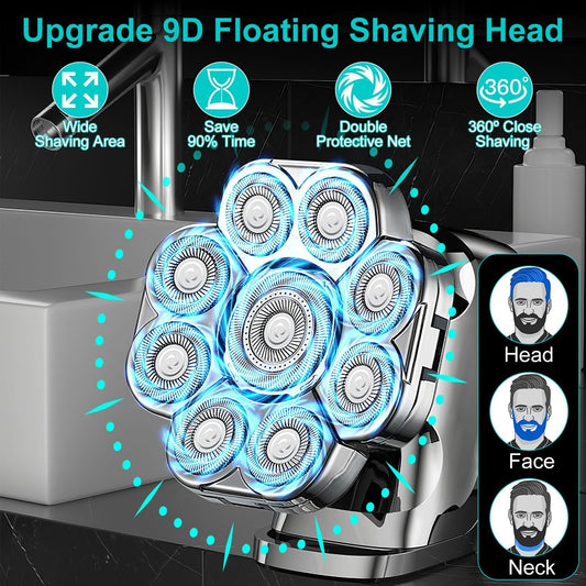 JMT-672650 6-in-1 Cordless Rechargeable 9D Electric Head Shaver for Men with LED Display and Travel Lock