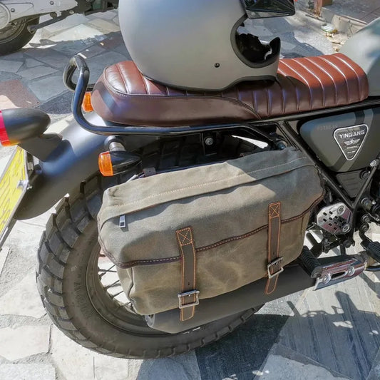 JMT-678538 Detachable Waxed Canvas Motorcycle Saddle Bag with Leather Accents and Zip Closure