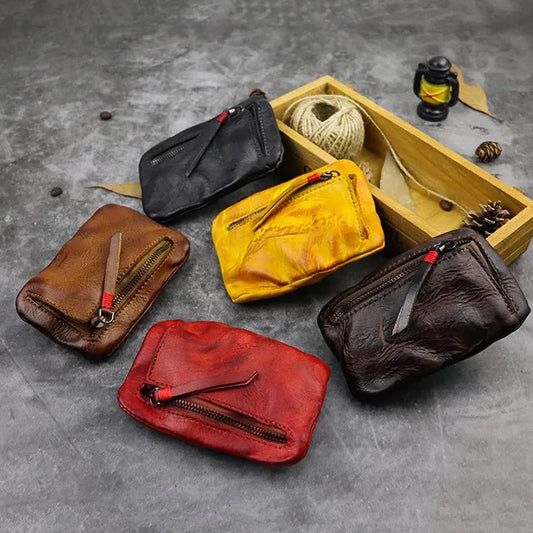 JMT-693194 Retro Style Genuine Leather Card Wallet for Students - Zipper Closure, Multi-Colour Options