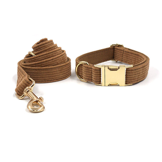 JMT-708490 Brown Corduroy Pet Collar Set with Gold Buckle, Bow, Rope, Chest Harness, and Waste Bag