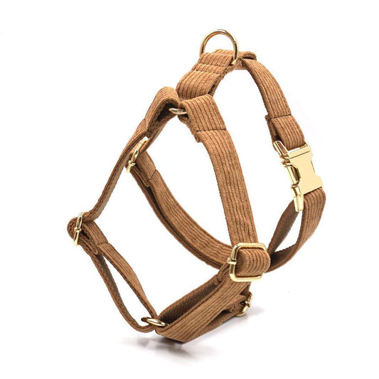 JMT-708490 Brown Corduroy Pet Collar Set with Gold Buckle, Bow, Rope, Chest Harness, and Waste Bag