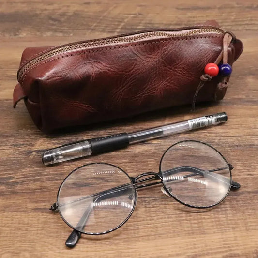 JMT-742922 Handmade Cowhide Large Capacity Zipper Storage Bag for Glasses and Accessories